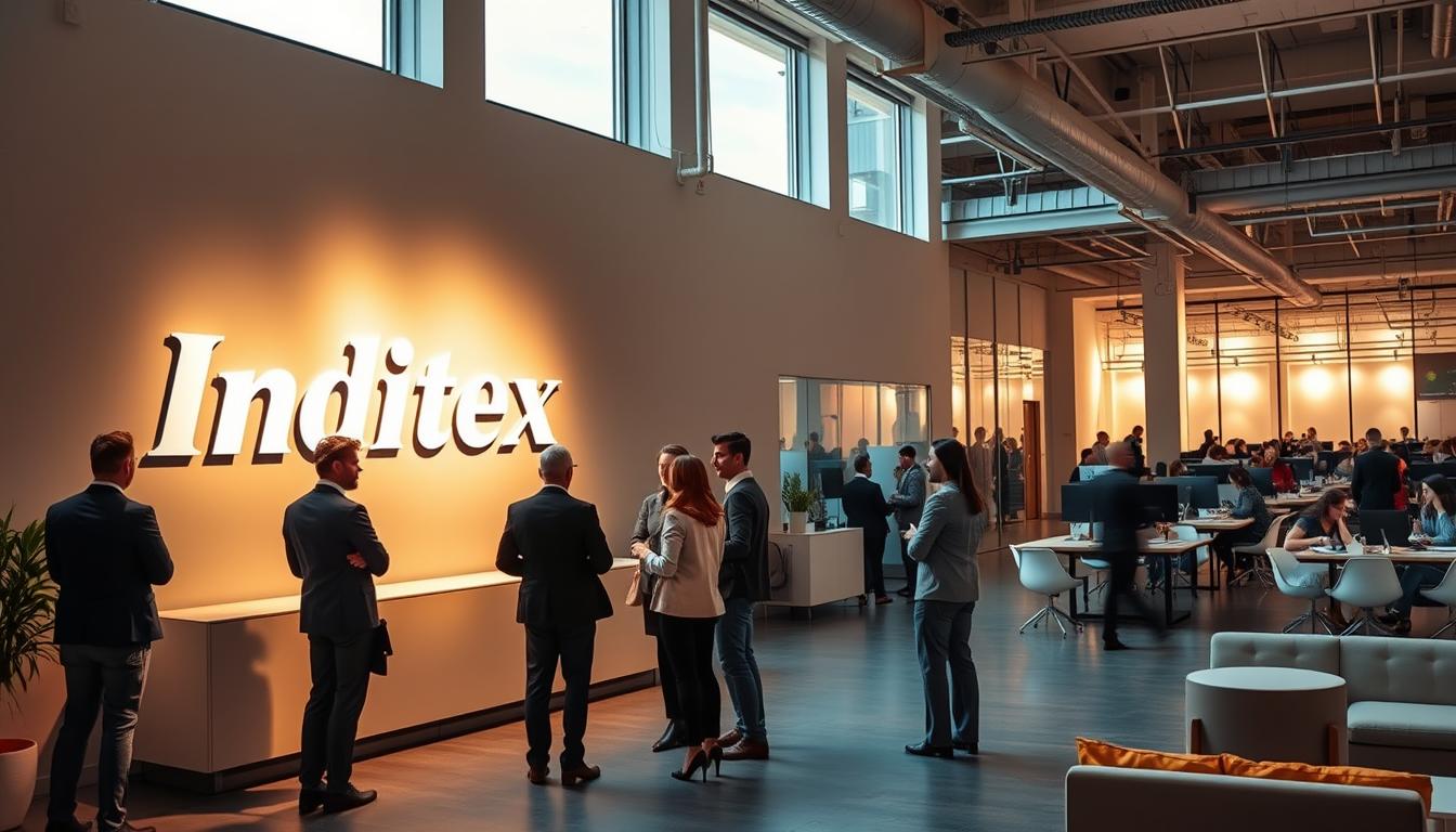 A corporate office interior with the Inditex logo prominently displayed on the wall, conveying a sense of professionalism and success. The scene is bathed in warm, directional lighting from large windows, casting subtle shadows and highlights on the modern, minimalist furnishings. In the foreground, a group of stylishly dressed employees are engaged in a collaborative discussion, their body language and facial expressions suggesting an atmosphere of dynamic teamwork. The middle ground features a sleek reception desk and waiting area, hinting at the high-end, customer-centric nature of the Inditex brand. The background showcases an expansive, open-plan workspace populated by more Inditex employees, all working diligently towards a common goal.