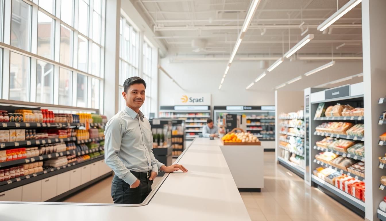 A modern, clean-lined supermarket interior with bright, natural lighting flooding through large windows. In the foreground, a well-dressed employee stands behind a sleek checkout counter, their uniform neatly pressed. The mid-ground features organized shelves stocked with a variety of packaged goods, conveying an efficient, well-run establishment. The background showcases the supermarket's minimalist branding and signage, contributing to an overall sense of professionalism and attention to detail. The scene exudes a welcoming, customer-focused atmosphere befitting a leading Spanish grocery chain.